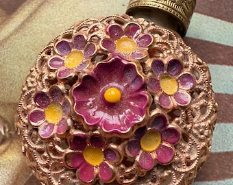 Round Vintage Filigree Perfume Bottle with Purple and Yellow Flowers
