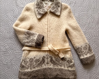 Vintage Álafoss Icewool Wolljacke mit Gürtel, Nordischer Strickmantel, Reißverschluss vorne, Größe M