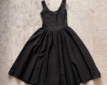 Vintage Laura Ashley Black Silk Dress Sleeveless Romantic Full Skirt Made in Great Britain 80s Minimalist Dark Academia