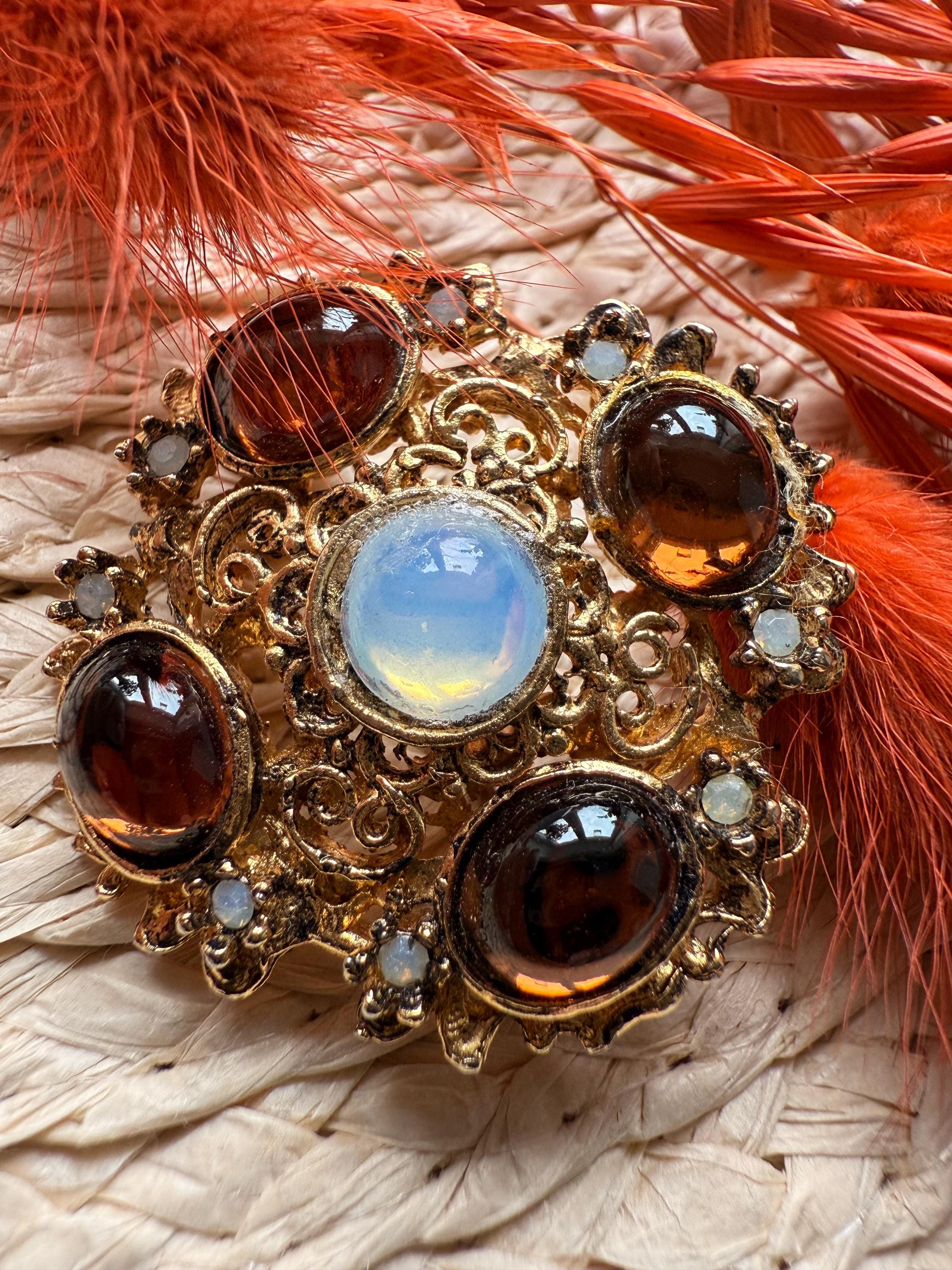 Belle Broche Vintage En Ambre Rétro - Bijou D'occasion à Collectionner