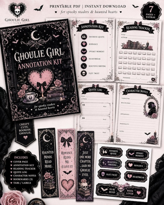 Gothic Book Annotation Kit Printable | Reading Journal, Tracker, Quote Log & Bookmarks PDF