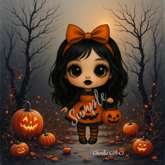 Halloween Girl Art Print | Pumpkin Witch, Spooky Gothic Decor (Digital Download)