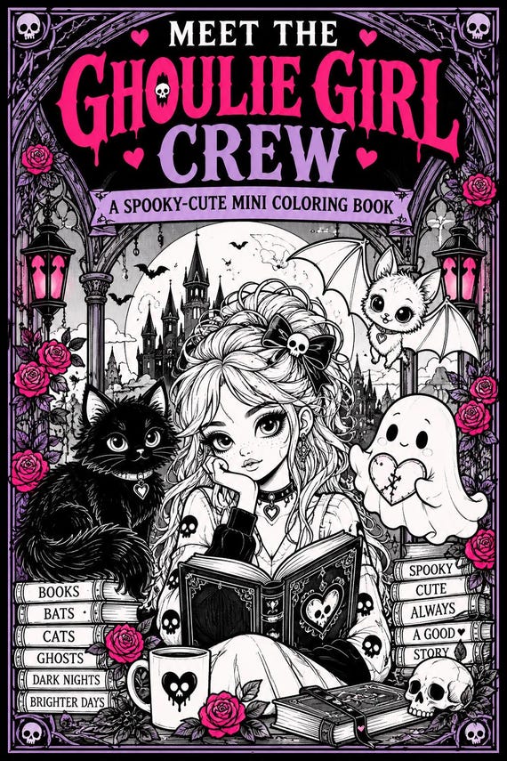 Goth Girl Coloring Pages | Gothic Mini Coloring Book | Ghost Cat Bat Printable Download