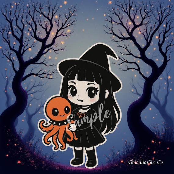 Goth Witch Pet Octopus Printable Wall Art | Kawaii Halloween Decor (Digital Download)