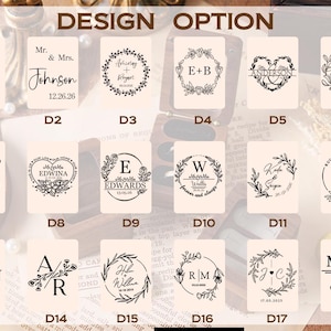 May include: A collection of design options for personalized stamps, featuring various fonts and decorative elements like floral wreaths and hearts. Text includes names, initials, and dates.