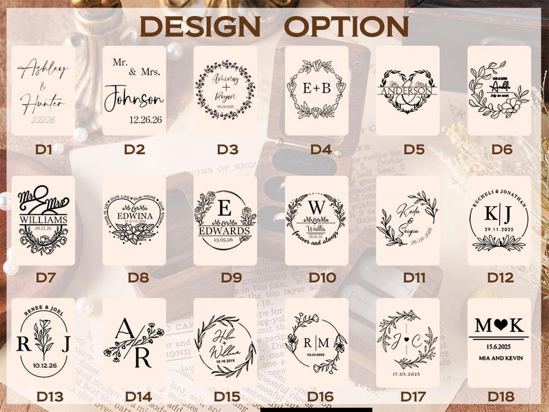 May include: A collection of design options for personalized stamps, featuring various fonts and decorative elements like floral wreaths and hearts. Text includes names, initials, and dates.