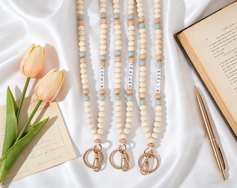 Customizable Boho Wooden Bead Lanyard, Personalized Name Lanyard, Teacher Appreciation Gift, ID Badge Holder Lanyard