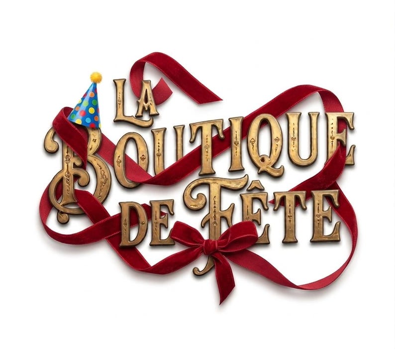May include: The image features the text "LA BOUTIQUE DE F&Ecirc;TE" in gold, ornate lettering, intertwined with a red velvet ribbon and a party hat. A red bow is at the bottom.