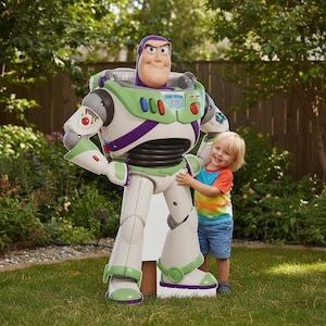 Könnte beinhalten: Ein lebensgroßer Pappaufsteller von Buzz Lightyear, dem Weltraumranger aus Toy Story, in einem Garten. Der Aufsteller ist hauptsächlich weiß, grün und lila, mit einem lächelnden Gesicht. Ein junges Kind umarmt den Aufsteller.