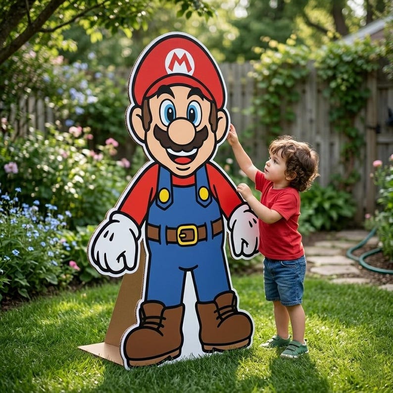 May include: A large, colorful cardboard cutout of the video game character Mario, wearing his signature red hat, blue overalls, and brown boots. A young child in a red shirt and blue shorts stands next to the cutout, reaching up to touch it. The scene is set outdoors in a grassy yard.