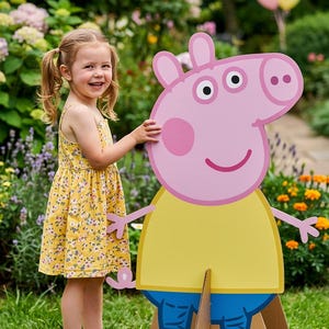 May include: A young girl in a yellow floral dress stands beside a large cardboard cutout of a cartoon pig character. The pig has a pink face, yellow shirt, and blue shorts. Balloons are in the background.