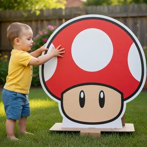 May include: A large, red and white mushroom cutout with a cartoon face. The mushroom has a red cap with white spots and a tan base. A young child in a yellow shirt and blue shorts is standing next to the mushroom on a grassy lawn.