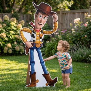 Könnte beinhalten: Ein großer Pappaufsteller der Toy Story-Figur Woody, der einen Cowboyhut, ein gelbes kariertes Hemd und eine blaue Jeans trägt. Ein kleines Kind in einem bunten Hemd und blauen Shorts steht in der Nähe und greift im Garten nach dem Aufsteller.