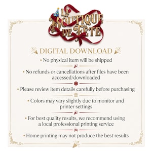 May include: A digital download announcement with the text "LA BOUTIQUE DE FETE" in a decorative font. The text is in a red ribbon design with a party hat. The background is cream-colored with decorative gold borders and text.