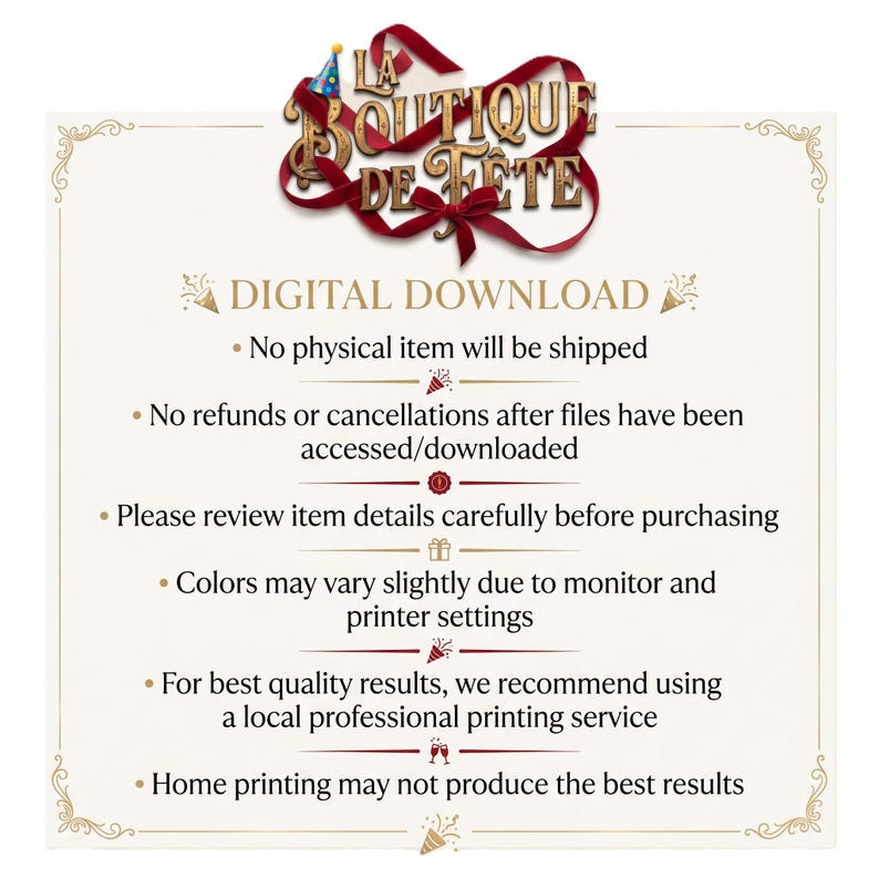 May include: A digital download announcement with the text "LA BOUTIQUE DE FETE" in a decorative font. The text is in a red ribbon design with a party hat. The background is cream-colored with decorative gold borders and text.