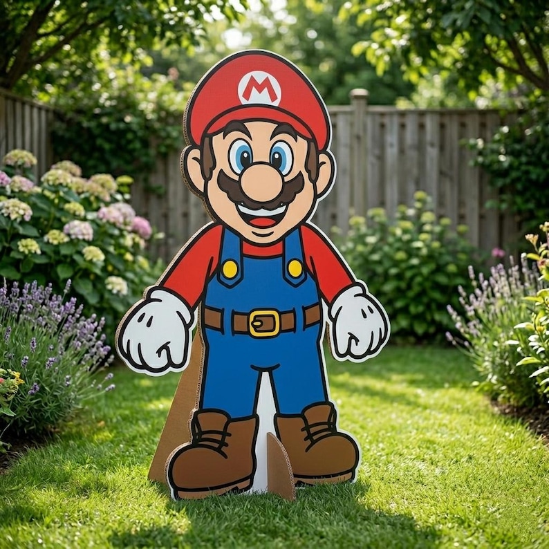 May include: A large, colorful cardboard cutout of the video game character Mario. Mario is wearing a red hat with a white "M", a red shirt, blue overalls, brown boots, and white gloves. The cutout is standing on a green lawn.