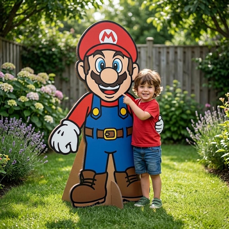 May include: A large cardboard cutout of the video game character Mario, wearing his signature red hat with a white "M", red shirt, blue overalls, and brown boots. A young child in a red shirt and blue shorts stands next to the cutout in a garden.