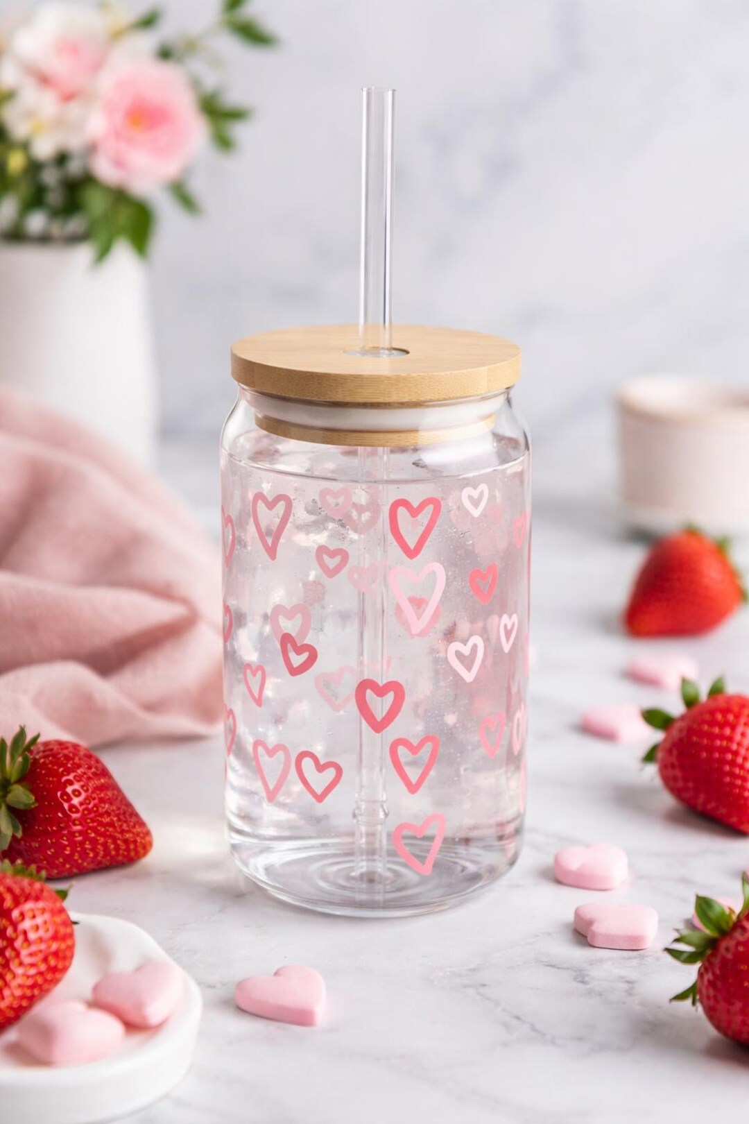 Hand Sipper Hand-drawn Pink Hearts Sipper Glass - Etsy