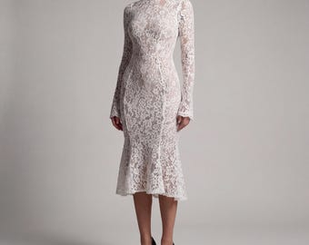 Women Elegant Midi Dress - Slim Fit Long Dress - Stylish Vintage Style White Lace Dress - Everyday Wear Outfit - Gift For Her