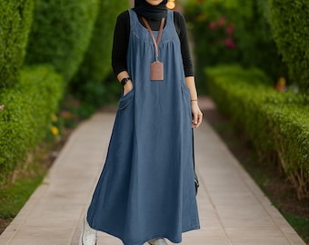 Vestido largo vaquero: de algodón de corte A con bolsillos, de inspiración vintage.