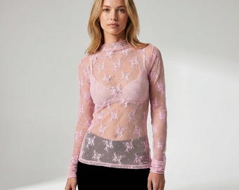 Women Sheer Lace Mesh Top - Long Sleeve Floral Lace Shirt - Stretch See Through Blouse