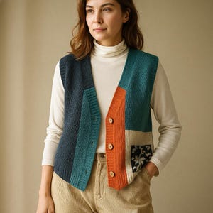 Könnte beinhalten: Eine Patchwork-Strickweste in Türkis, Marineblau, Orange und Beige. Die Weste hat einen V-Ausschnitt, Holzknöpfe und eine kleine Tasche mit floralem Muster. Das Model trägt einen weißen Rollkragenpullover und eine Cordhose.