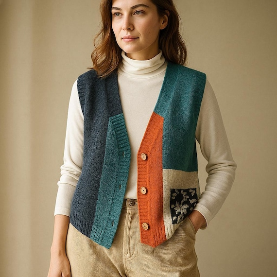 Vintage Patchwork Knit Vest: Color Block Sweater Cardigan