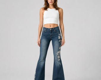 Pantalones vaqueros acampanados para mujer con bordado floral, pantalones vaqueros de cintura alta estilo años 2000, vaqueros ajustados elásticos de largo completo para verano.