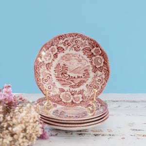 Enhörningsservis Rosa Transferware Bröd Smörkallrikar Vintage Engelsk Lantlig Set om 5