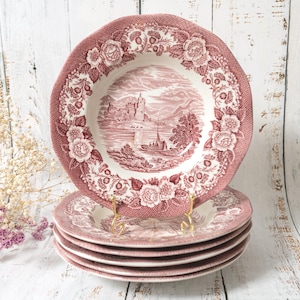 Piatti fondi vintage Loch Awe – Scena di castello scozzese in terracotta rossa, Wedgwood, Inghilterra