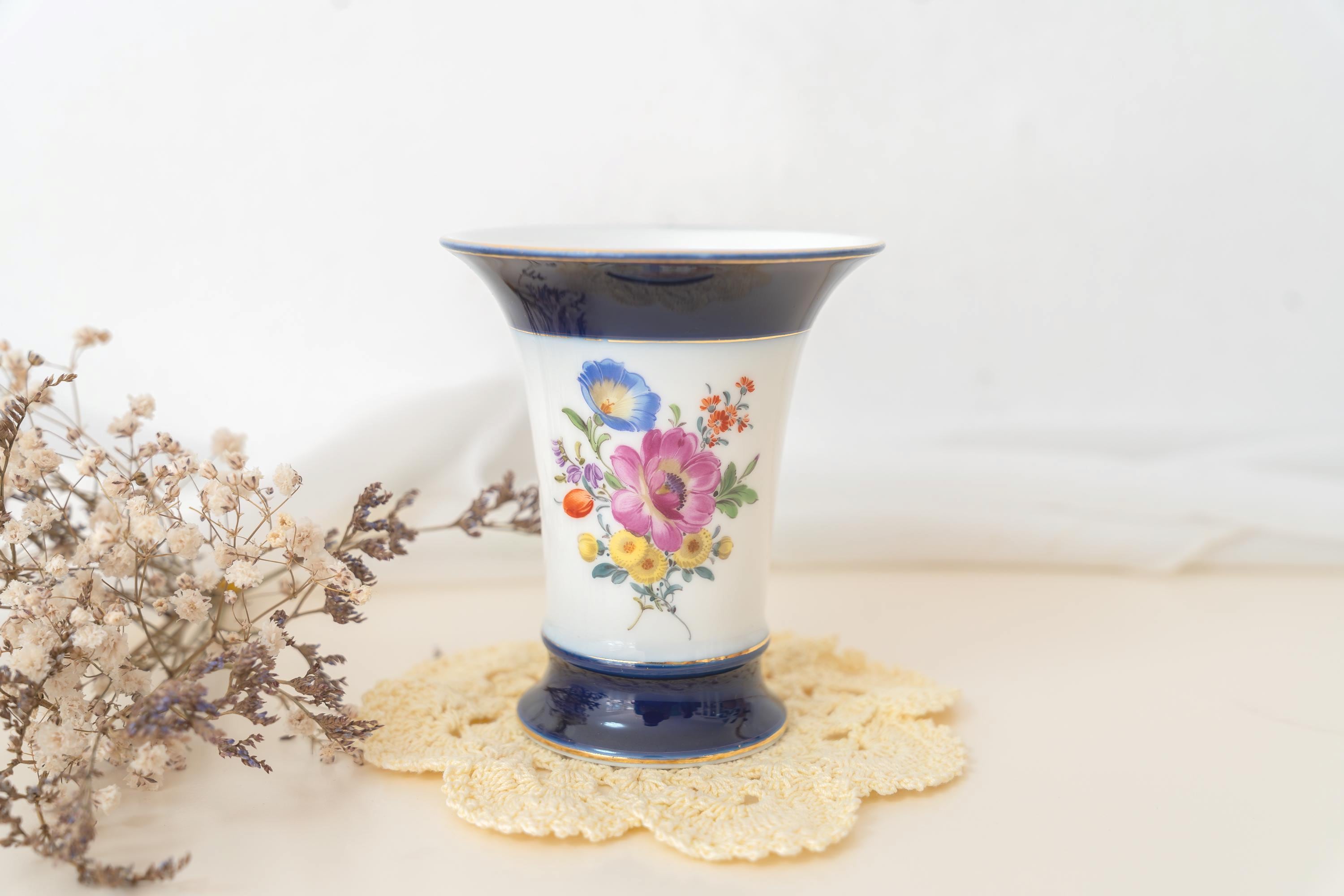 マイセン 花瓶 Vase コバルトブルー×フラワーブーケ 1級 【公式通販】
