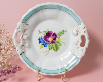 Antique KPM Berlin Handled Porcelain Plate, Hand-Painted Floral, 1837–1844 German
