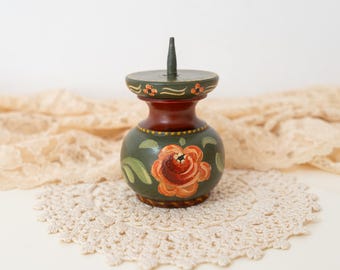 Vintage Green Wooden Candle Holder – 1970s Folk Art Hand-Painted Rustic Decor