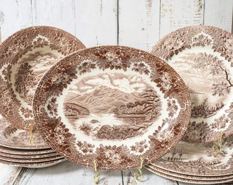 May include: A collection of brown and white ceramic plates featuring a detailed transferware landscape scene of mountains, a lake, and trees. The rims are decorated with a floral pattern and a textured, crackled border design.