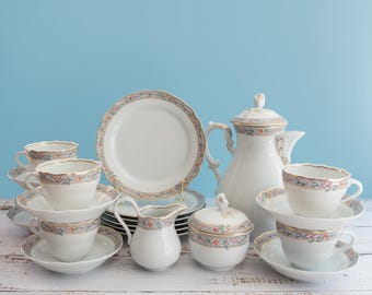 Vintage Hutschenreuther Fürstenau Porcelain Coffee Set 21pc Gold Trim Pink Floral