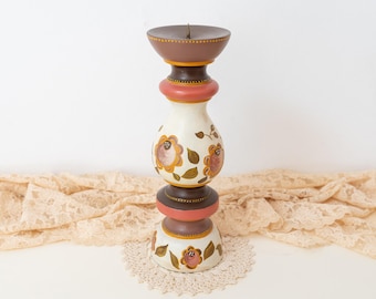 Vintage Hand-Painted Wooden Candle Holder – 1970s Folk Art Rustic Boho Decor