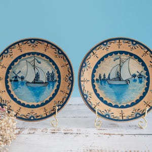 Hand-Painted Porcelain Wall Plates, Dutch Sailboat and Windmill Scene, 1985 Dated Pair