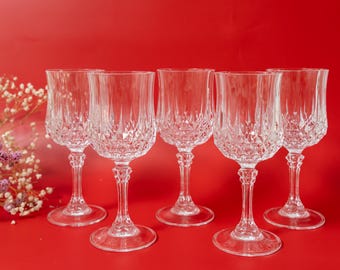 Vintage Cristal d'Arques Longchamp Crystal Wine Glasses Set of 5 Diamond Cut