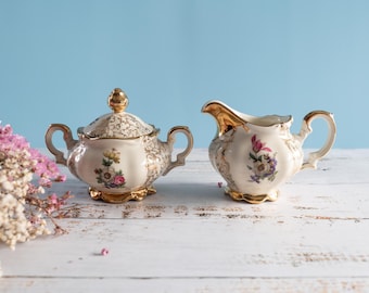 Vintage Kronester Bavaria Gold Creamer and Sugar Bowl Set Floral Porcelain