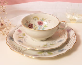 Vintage Schirnding Bavaria Porcelain Tea Coffee Trio Pink Blue Floral Gold Leaf Detail