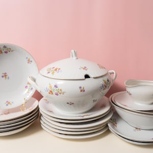 Può includere: Un servizio di piatti in porcellana bianca con decorazioni floreali. Il set include piatti, ciotole, una zuppiera con coperchio e una salsiera. Il design floreale presenta fiori colorati. Il set è disposto su una superficie bianca.