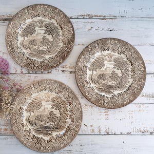 Peut inclure: Trois assiettes rondes en céramique avec un motif de transfert marron et blanc. Chaque assiette présente une scène paysagère centrale avec un château, des arbres et une clôture, entourée d'une large bordure de feuilles et de motifs floraux en relief.