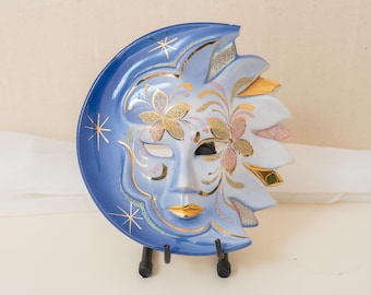Vintage Moon and Sun Ceramic Wall Mask – Blue & Gold Hand-Painted Venetian Decor