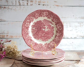 Vintage roze salade- en dessertbordjes met bosmotief van Enoch Wedgwood, rode transferware set van 6.