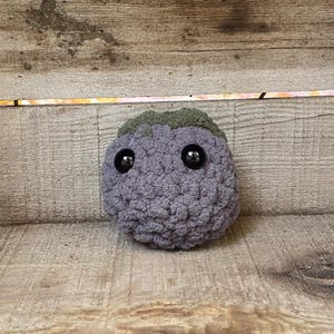 May include: A handmade, crocheted creature with a gray body and dark eyes. The top of the creature is green. The item is displayed inside a wooden crate.