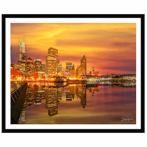 Arte mural de San Francisco: Horizonte nocturno con torre del reloj - Resplandor del atardecer