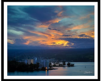 Impresión del amanecer en Hilo, Hawái / Fotografía costera de la Isla Grande / Arte mural del cielo oceánico tropical