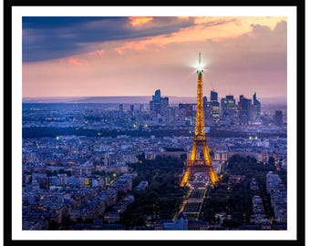Paris Cityscape Print: Illuminated Eiffel Tower - Night View