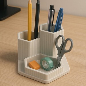 Peut inclure: Un organiseur de bureau beige avec plusieurs compartiments contenant un crayon jaune, un crayon noir, deux stylos, des ciseaux, une gomme et du ruban adhésif. L'organisateur est sur une surface en bois clair.