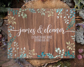 Wedding guest book, alternative unique guestbook, personalised guest book , green foliage eucalyptus, wooden guest book, rustic wedding